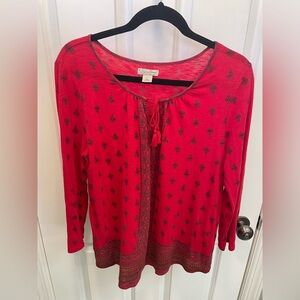 Lucky Brand Red Batik Patterned Boho Top with Tassels